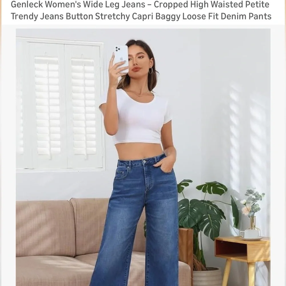 🎟️GENLECK size 6 NWT Wide Leg High-Rise Jeans in Dark Blue stretch capri baggy - Picture 2 of 9